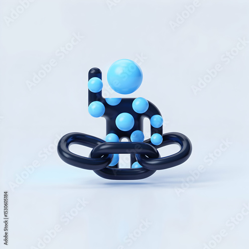3 D Render Blue Dot Person Sitting on Black Chain Link