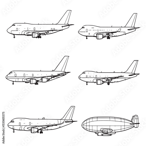 Minimalist line art vector of a cargo plane flying