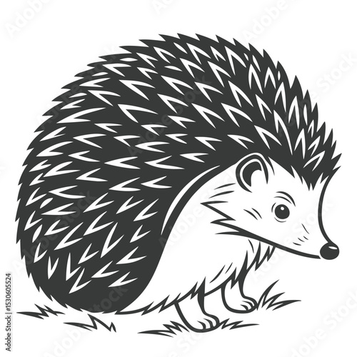 Stylized black and white hedgehog prances through the grass while facing the right side