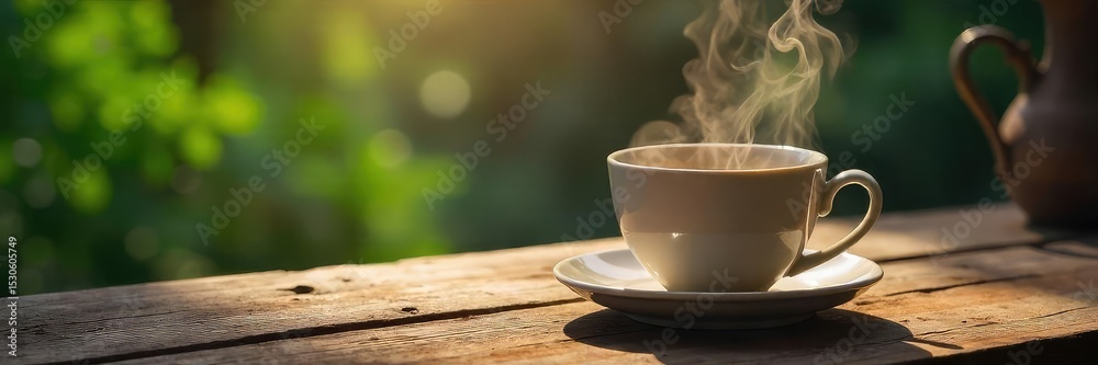 Fototapeta premium A steaming cup of tea cooling on a rustic wooden table, steam rising gently into the air Perfect for concepts of relaxation, warmth, and tranquility , stillness, repose, serenity