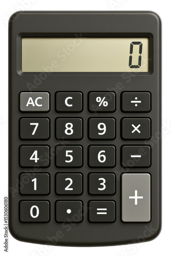 Simple black calculator with digital display showing zero on a transparent background