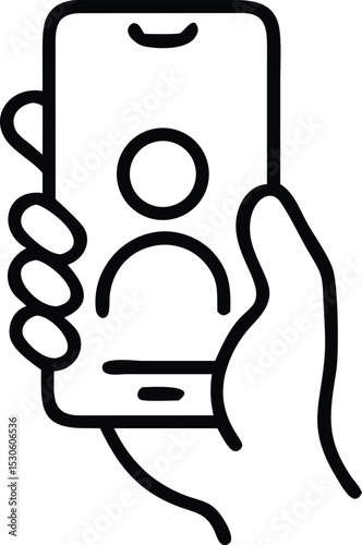 video chat icon on mobile phone, hand holding smartphone for online video with a friend, Editable stroke, vector illustration