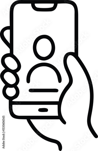 video chat icon on mobile phone, hand holding smartphone for online video with a friend, Editable stroke, vector illustration