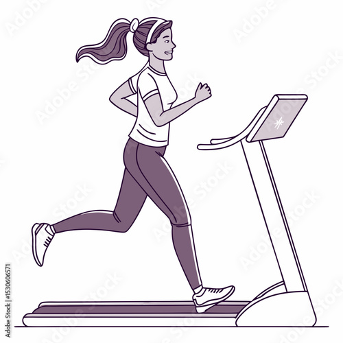 Woman with ponytail running on a treadmill wearing white shirt purple leggings and white sneakers illustration