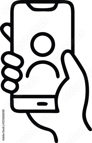 video chat icon on mobile phone, hand holding smartphone for online video with a friend, Editable stroke, vector illustration
