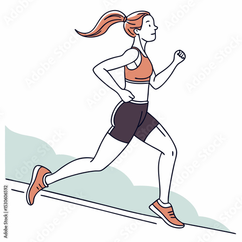 Woman with red ponytail jogging in coral sports bra and dark shorts on white background simple line art illustration