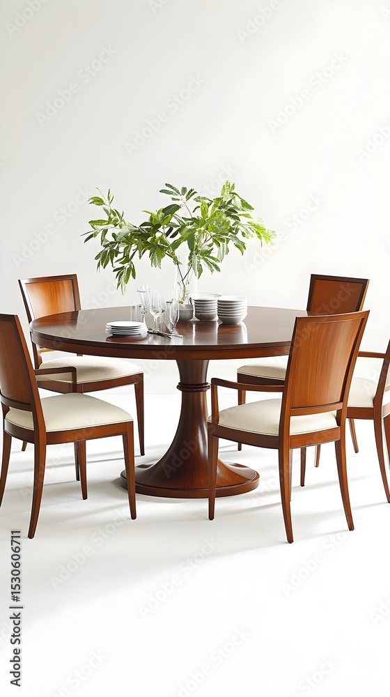 Fototapeta premium Round wooden dining table chairs studio setting
