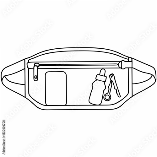 Black Outline Running Belt with Water Bottle Pocket and Essentials on White Background waist pack fanny pack
