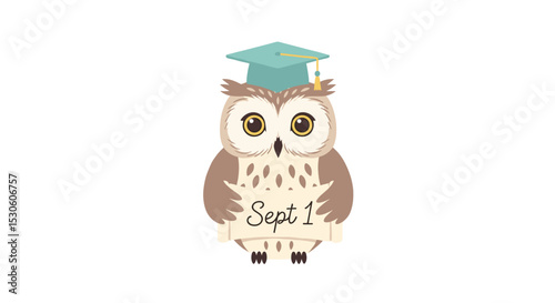 Graduation owl wearing cap holding sign for September 1