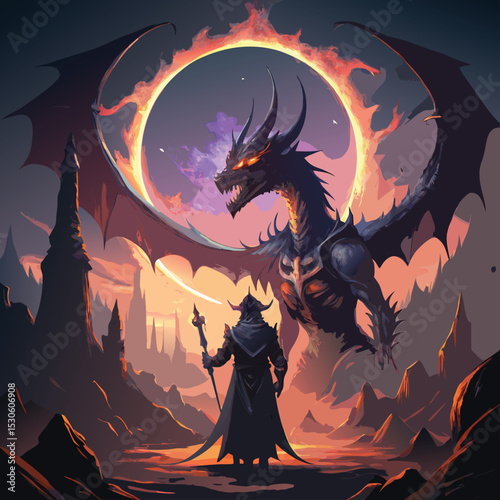  Brave Wizard Faces Majestic Dragon Under Ethereal Ring in Dark Mystical Landscape