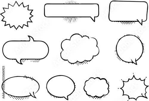 Retro empty comic bubbles and elements set with black halftone shadows. in retro vintage and pop art style. Vector illustration,