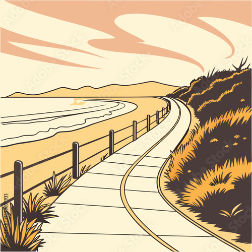 Coastal Sunset Beach Jogging Path Illustrated in Warm Yellow and Orange Tones beach path coastal path