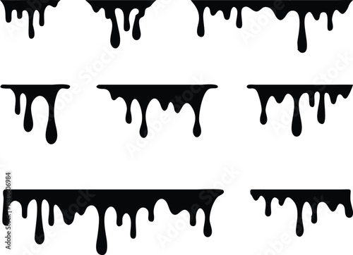 Black melt drips or liquid paint drops. Dripping liquid. Paint flows. Current paint, stains. Current drops. Current inks. Vector illustration. isolated on white background