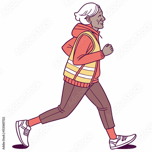 Elderly Woman with Gray Hair Jogging Wearing Red Hoodie Yellow Safety Vest Brown Pants White Sneakers
