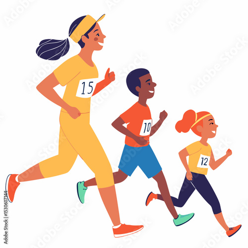 Family Group Running Race Colorful Illustration Woman Man Child Athletes Running Competition White Background