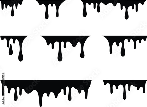 Black melt drips or liquid paint drops. Dripping liquid. Paint flows. Current paint, stains. Current drops. Current inks. Vector illustration. isolated on white background