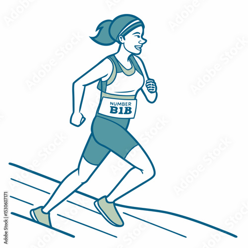 Female Athletic Runner with Number Bib Running on White Background Teal Line Art Illustration woman athlete