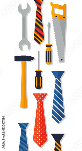 Tools and ties in a flat lay composition