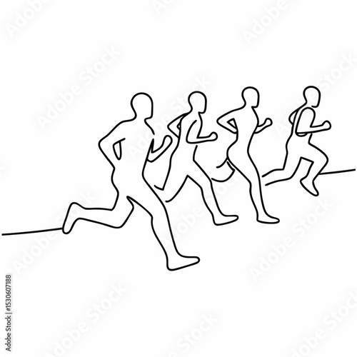 Four Runners in a Race Simple Line Drawing on White Background running marathon
