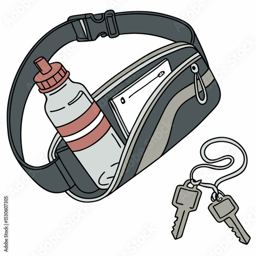 Gray Running Belt with Water Bottle Keys and Pocket on White Background waist pack key chain