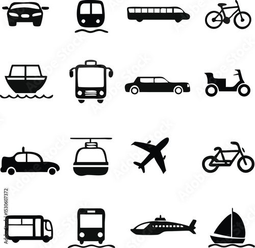 Transport Vector Icon set. Contains such Icons as Taxi, Train, Tram, Airplane, car, Public bus, Ship/Ferry, bicycle, motorcycle and more.
