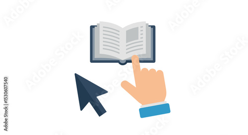 Hand pointing at open book with cursor