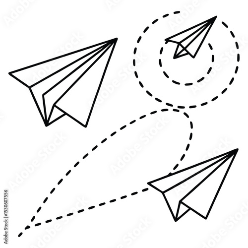 Paper airplane. Outline flying planes from different angles and direction with dotted track