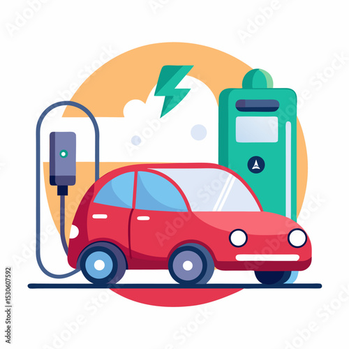 Illustration of an electric car at a charging station promoting sustainable transportation and eco friendly technology in a modern design