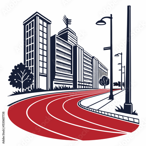 Red Running Track Winding Through Urban Cityscape Dark Blue Buildings Trees Streetlights White Background
