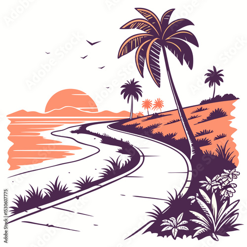 Scenic Sunset Beach Jogging Path Illustration Orange Coral Purple Palm Trees Coastal Landscape road