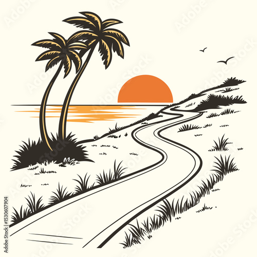 Sunset Beach Jogging Path Illustration Two Palm Trees Orange Sun Black Silhouette Graphic Design road