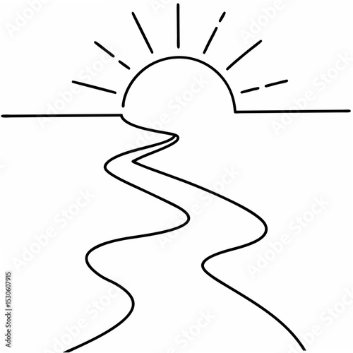 Sunset Beach Jogging Path Simple Line Drawing on White Background trail