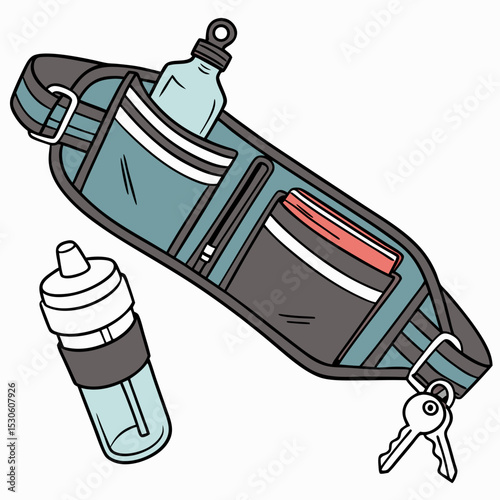 Teal Running Belt with Water Bottles Wallet and Keys Illustration waist pack hydration belt