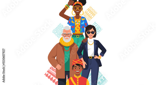 Diverse group of people posing in colorful outfits