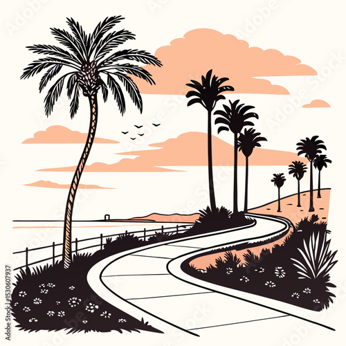 Sunset Beach Jogging Path Palm Trees Ocean View Peach Sky Black Silhouette Illustration vector