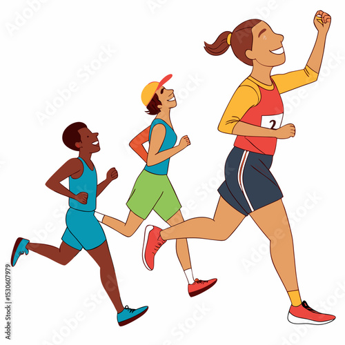 Three diverse runners race joyfully on white background vibrant athletic wear happy expressions running