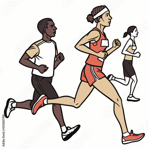 Three runners in motion white background diverse group athletic people running race competition sport active lifestyle illustration