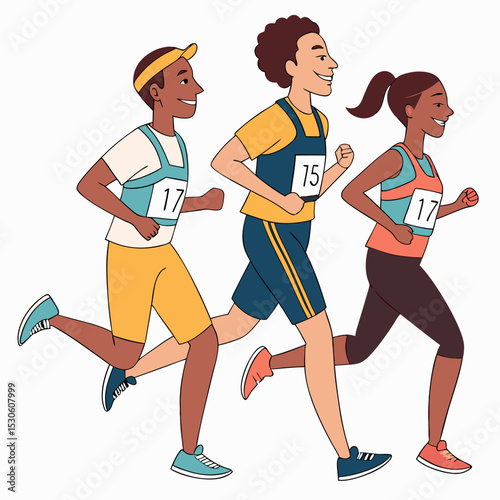 Three Diverse Runners Race Sideby Side Wearing Number Bibs Yellow Orange Teal Blue Running Apparel marathon