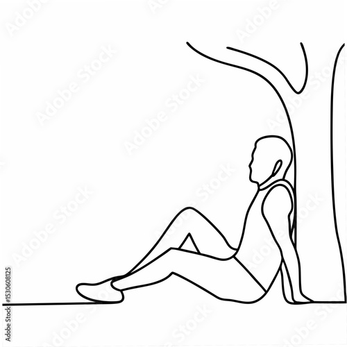 Tired Runner Resting Under a Tree on White Background Line Art Illustration sitting outdoors