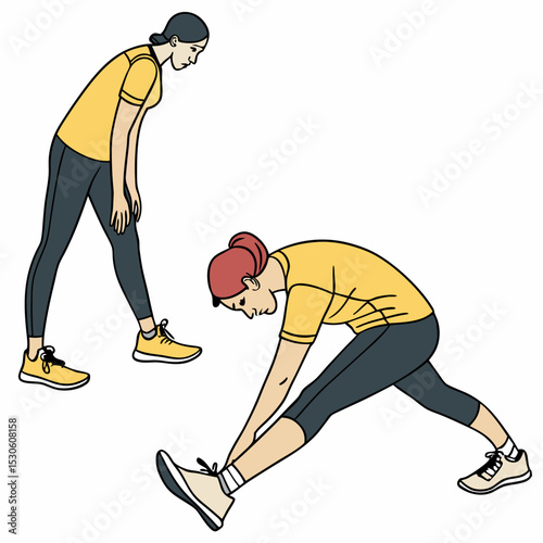 Two Women in Yellow Shirts and Dark Gray Leggings Stretching Before a Run White Background Illustration