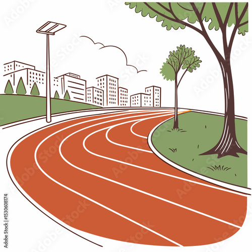 Urban Running Track Illustration Red Lanes White Lines Green Trees Cityscape Background track and field