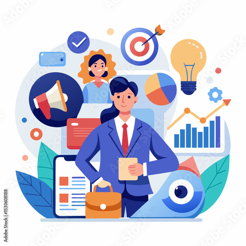 Conceptual marketing consulting illustration showing strategy analysis and growth on a clean white background for business presentations and reports
