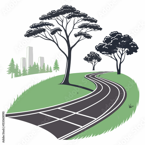 Winding Urban Running Track Green Grass Cityscape Background Illustration track and field