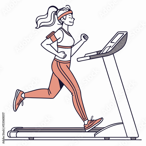 Woman Running on Treadmill Line Art Illustration Salmon Pink Outfit White Background exercise fitness