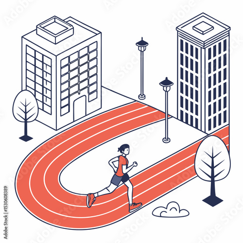 Woman Running on Urban Red Track Isometric Illustration Buildings Trees Lampposts Coral Red White Background