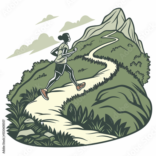 Woman Trail Running Mountain Path Green Landscape Illustration vector