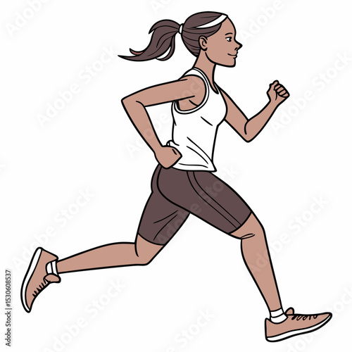 Woman with Brown Hair in Ponytail Jogging in White Tank Top and Purple Shorts Brown Shoes female runner