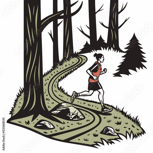 Woman Trail Running Winding Forest Path Green Olive Tones Black Trees Illustration running trail