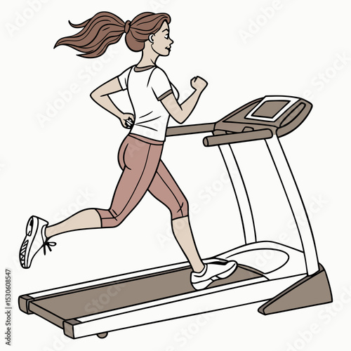 Woman with brown hair in ponytail running on a gray and white treadmill wearing a white shirt and mauve leggings