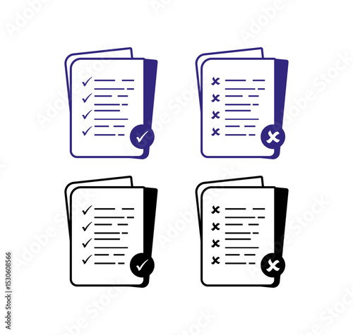 Blue and black document icons showing acceptance (checkmarks) and rejection (X marks). Suitable for forms, checklists, or approval processes.
